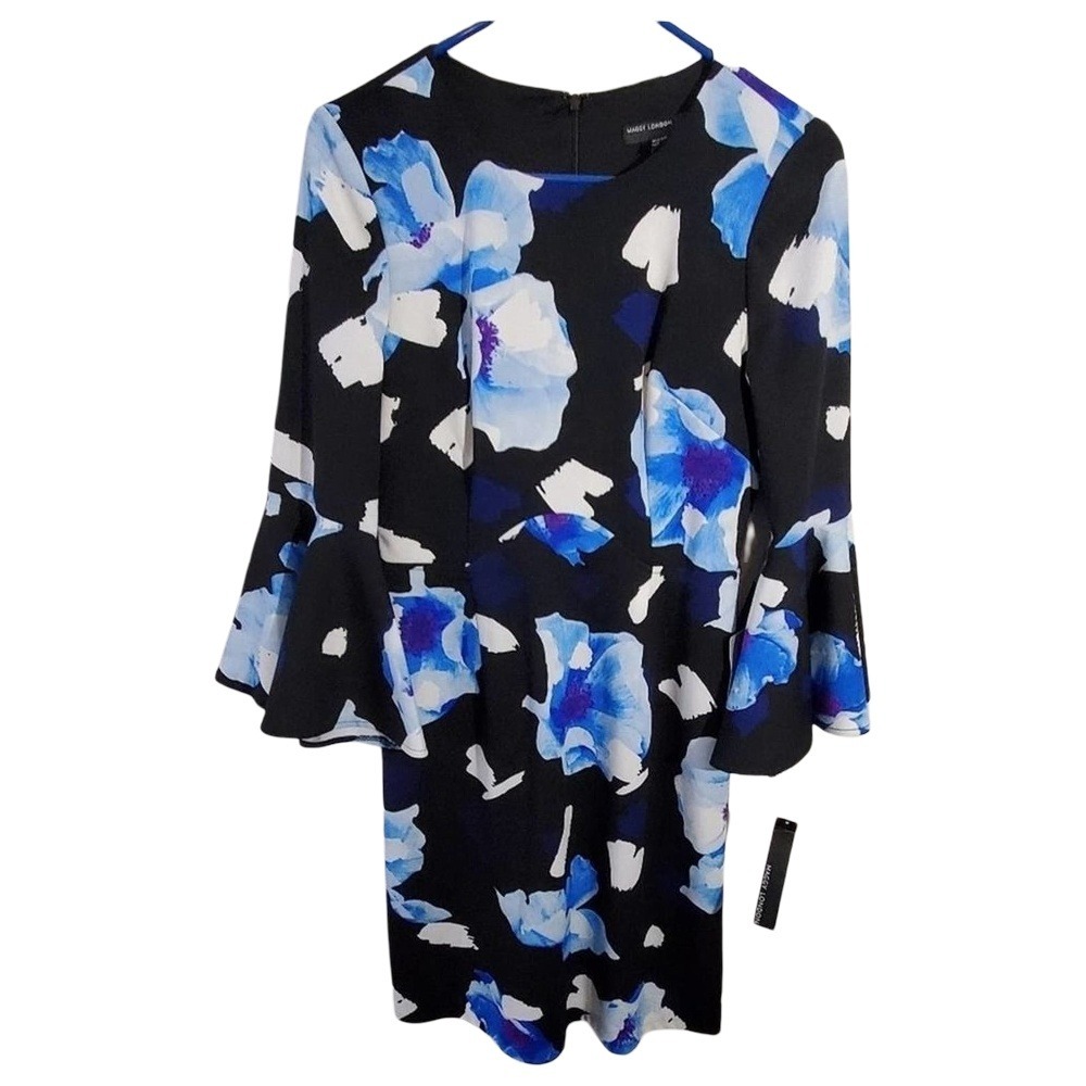Maggy London Floral‎ Bell Sleeve Sheath Dress Black Blue GSJ76M-NO Womens Size 4